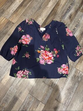 Skies Are Blue Navy Floral V-Neck Blouse with Pink Bouquet Print